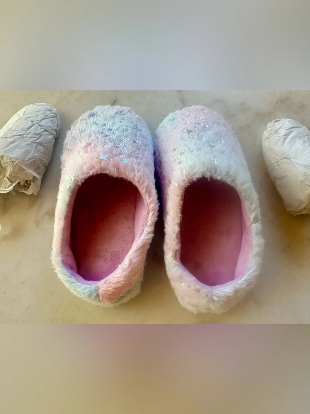 NWOT Fuzzy Pastel Star Sparkly Slippers - Pink & Lavender
